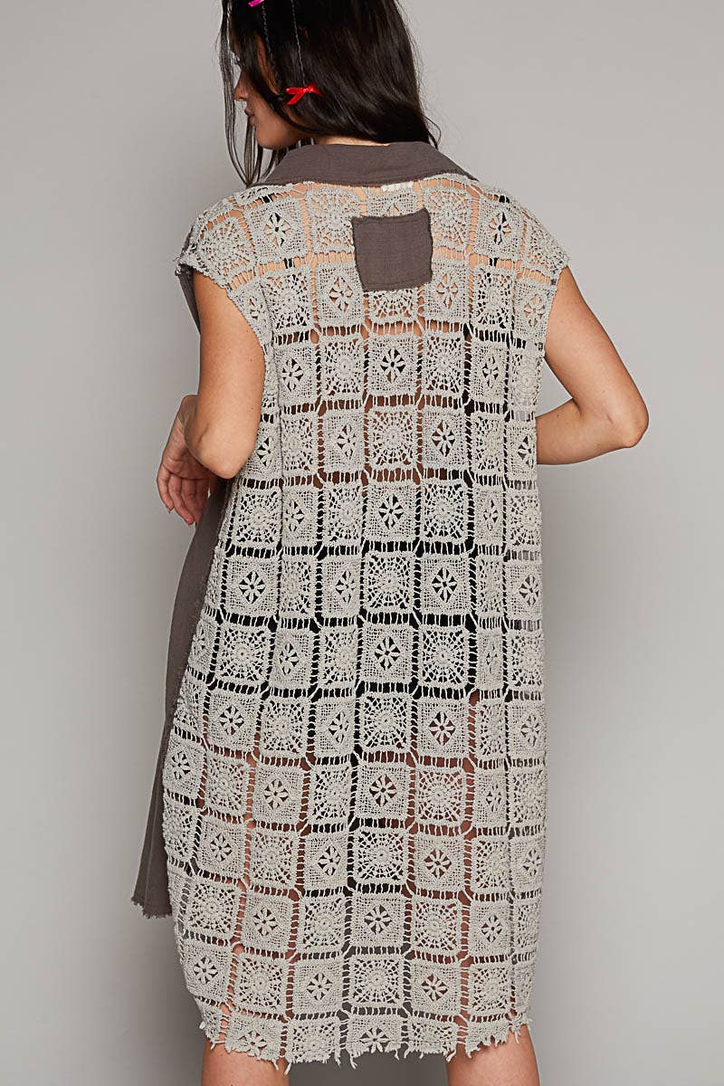 Vintage wash sleeveless button down crochet patch shirt