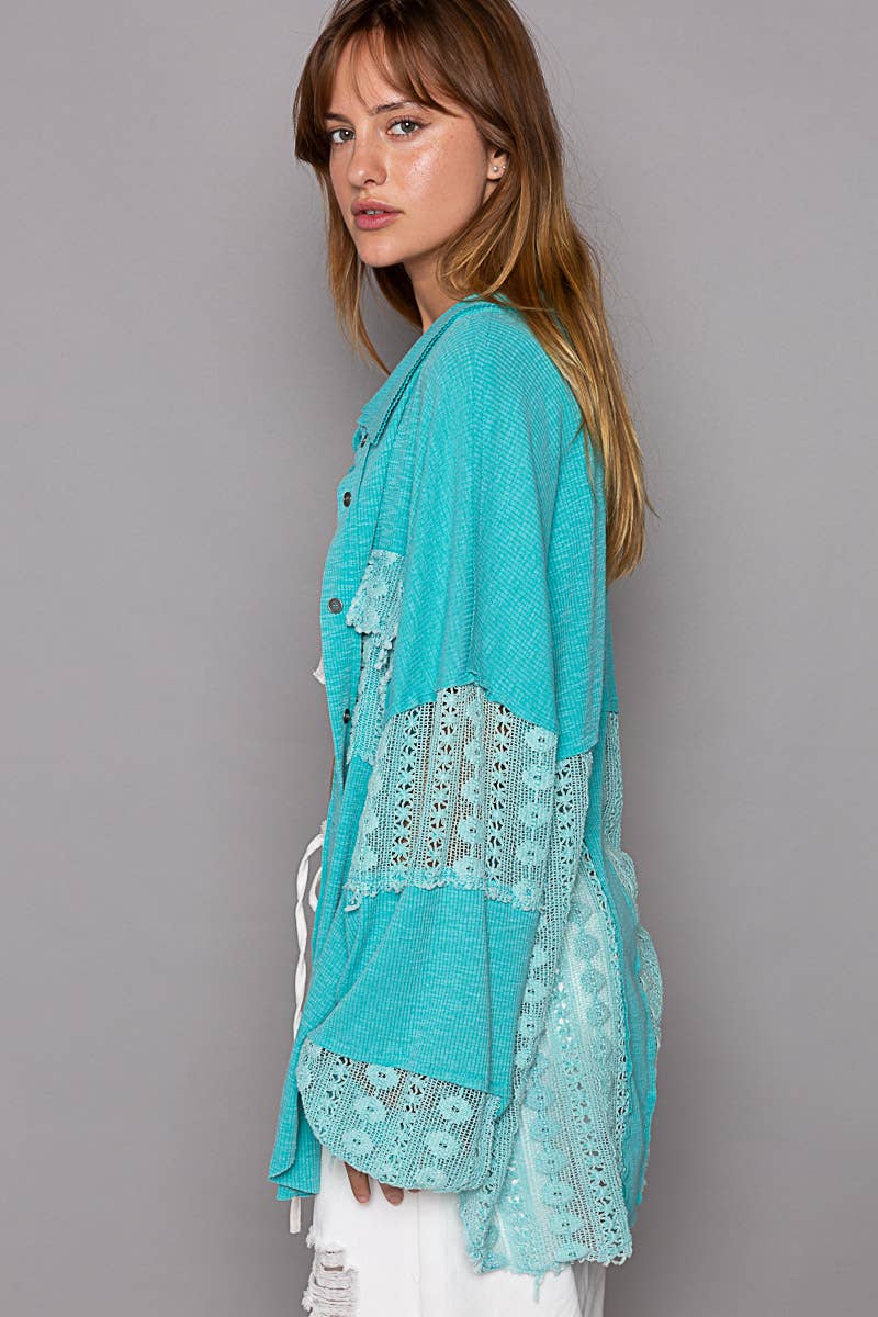 Contrast lace crochet sleeve button down slub shirt