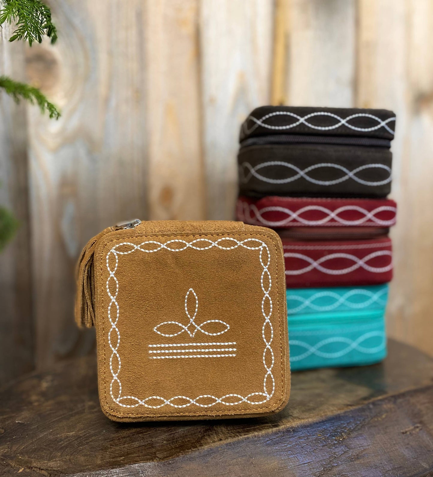 Tan BootStitch Square Tooled Suede Leather Jewelry Box