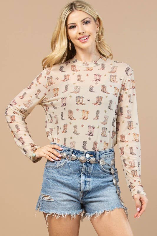WESTERN BOOTS PRINT SEMI SHEER MESH SHIRT