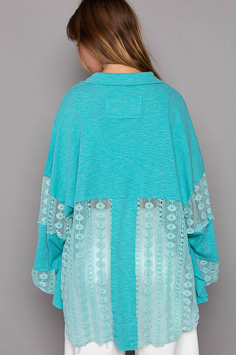 Contrast lace crochet sleeve button down slub shirt