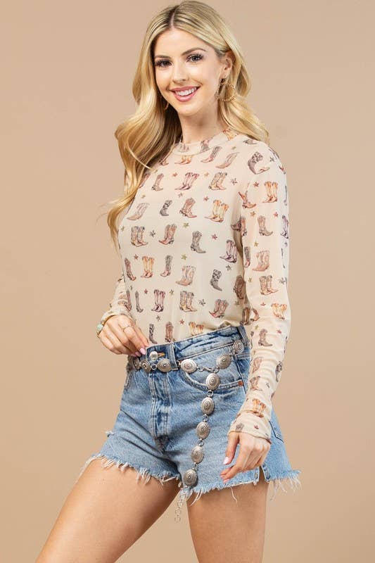 WESTERN BOOTS PRINT SEMI SHEER MESH SHIRT