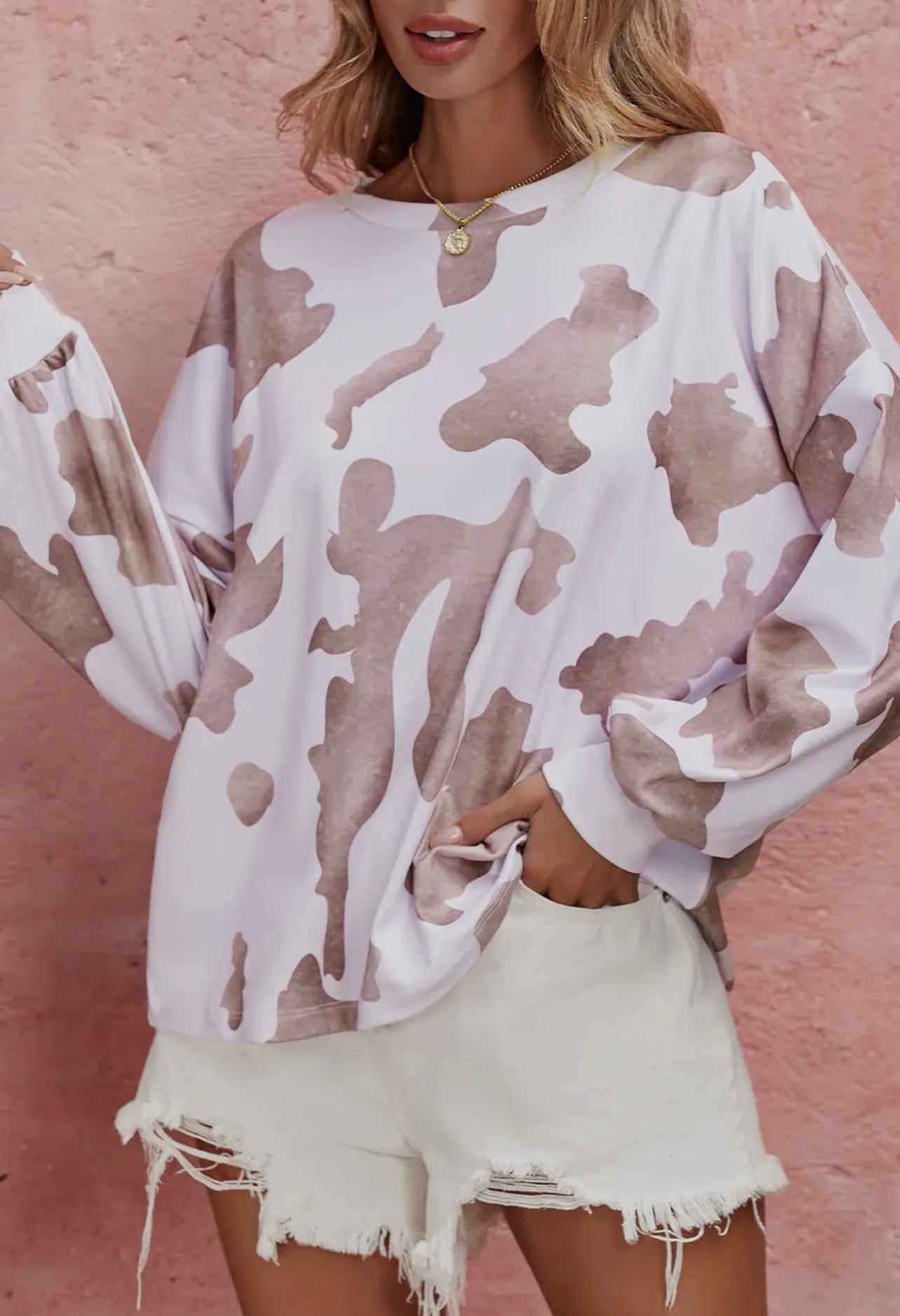 Cow Print Drop Shoulder Puff Sleeve Sweatshirt