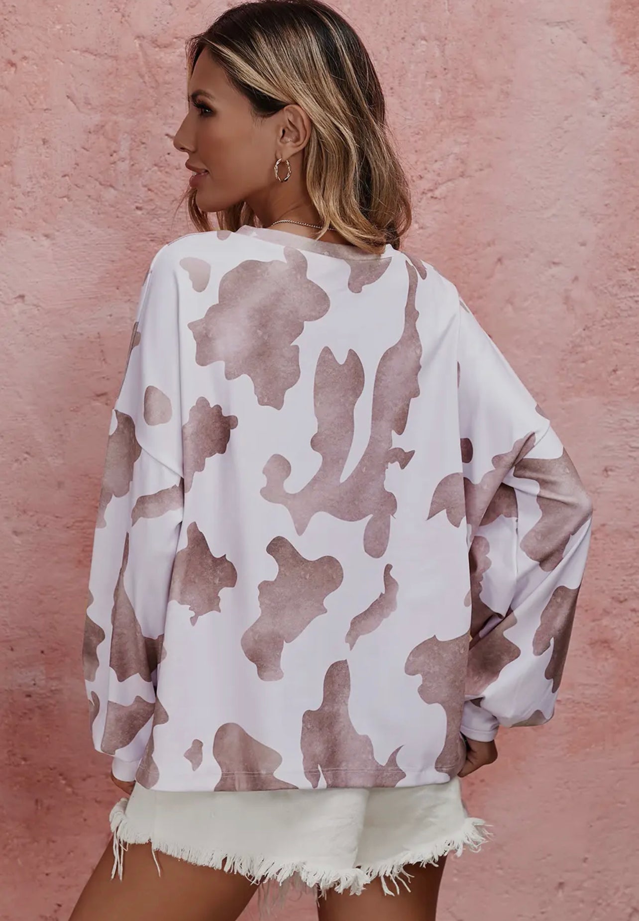 Cow Print Drop Shoulder Puff Sleeve Sweatshirt