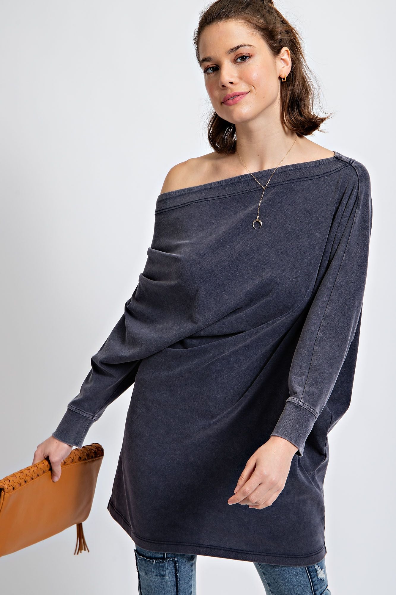 RELAXED OFF SHOULDER WASHED TERRY TUNIC LONG SLEEVE SWEATSHIRT-Navy