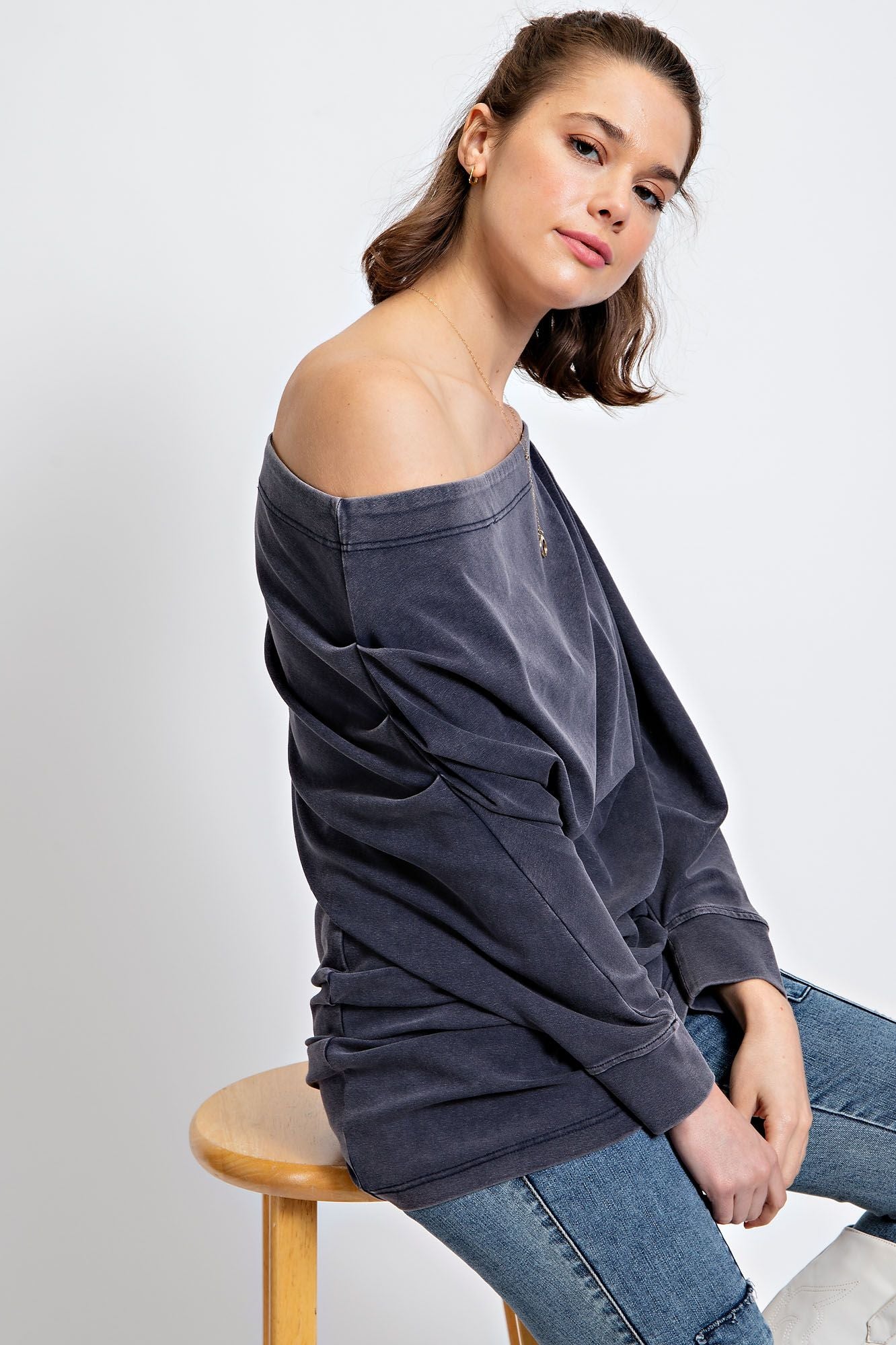 RELAXED OFF SHOULDER WASHED TERRY TUNIC LONG SLEEVE SWEATSHIRT-Navy
