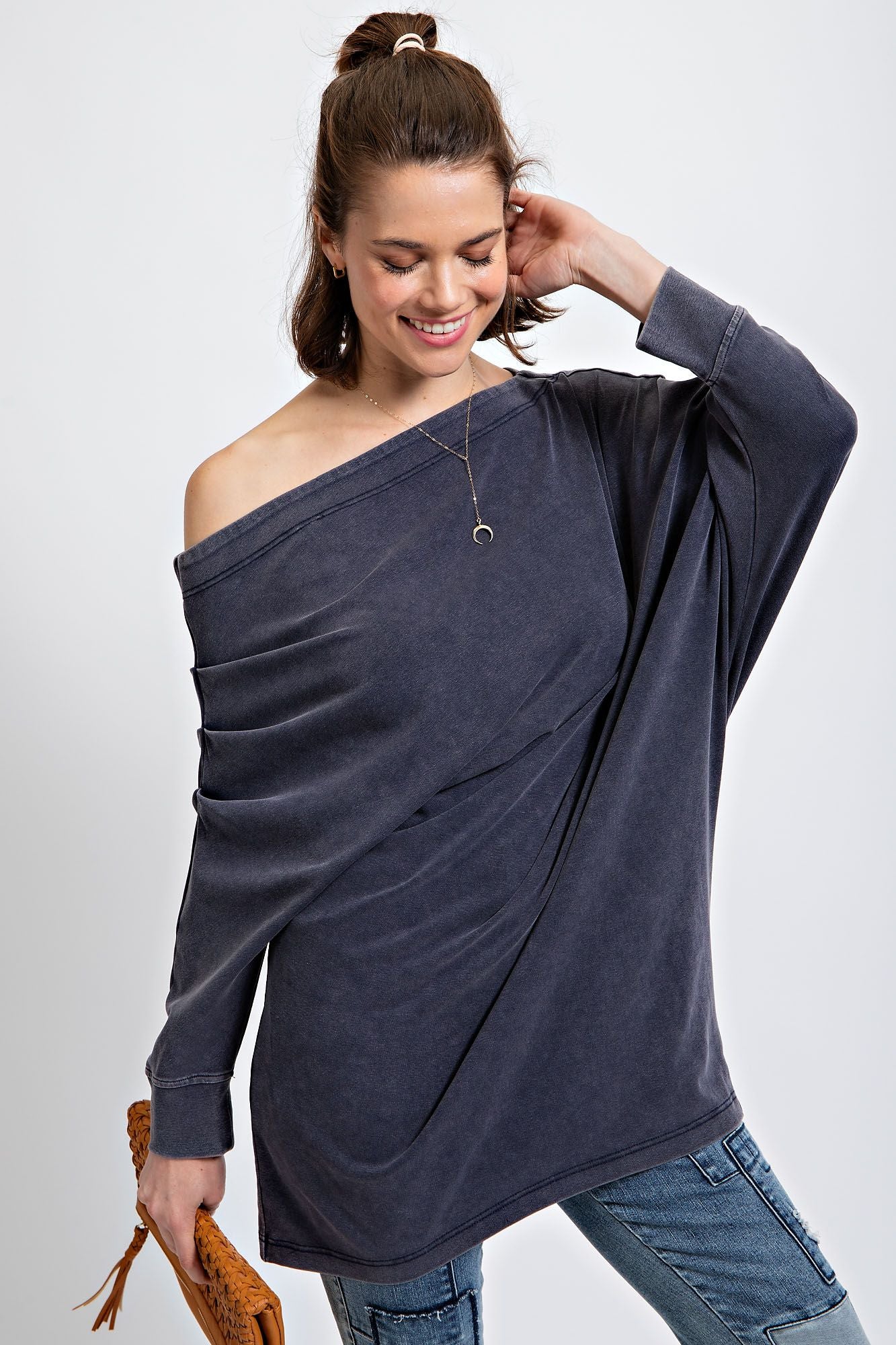 RELAXED OFF SHOULDER WASHED TERRY TUNIC LONG SLEEVE SWEATSHIRT-Navy