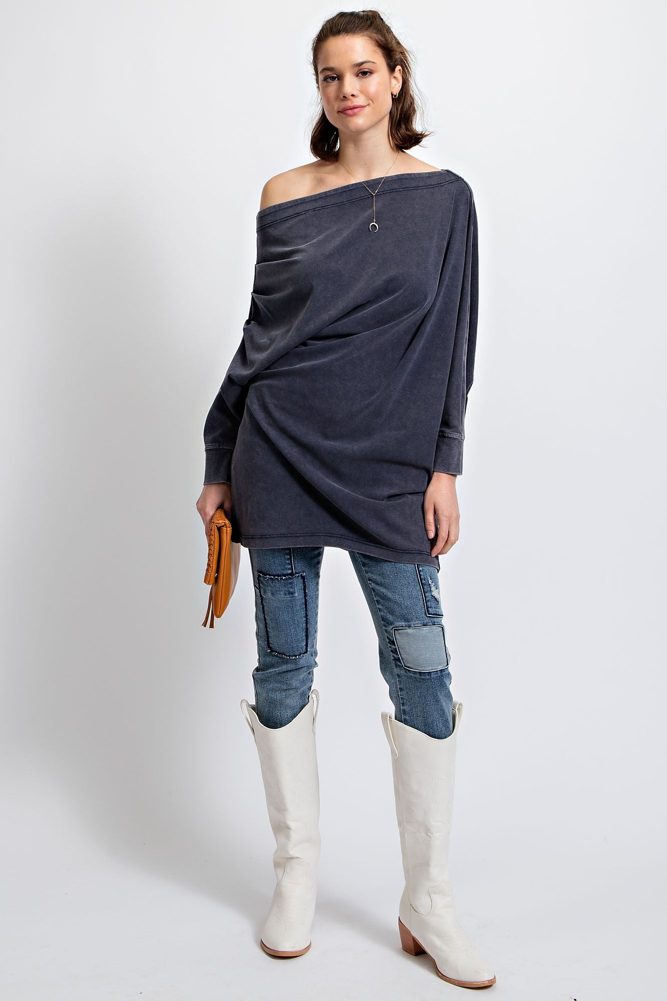 RELAXED OFF SHOULDER WASHED TERRY TUNIC LONG SLEEVE SWEATSHIRT-Navy