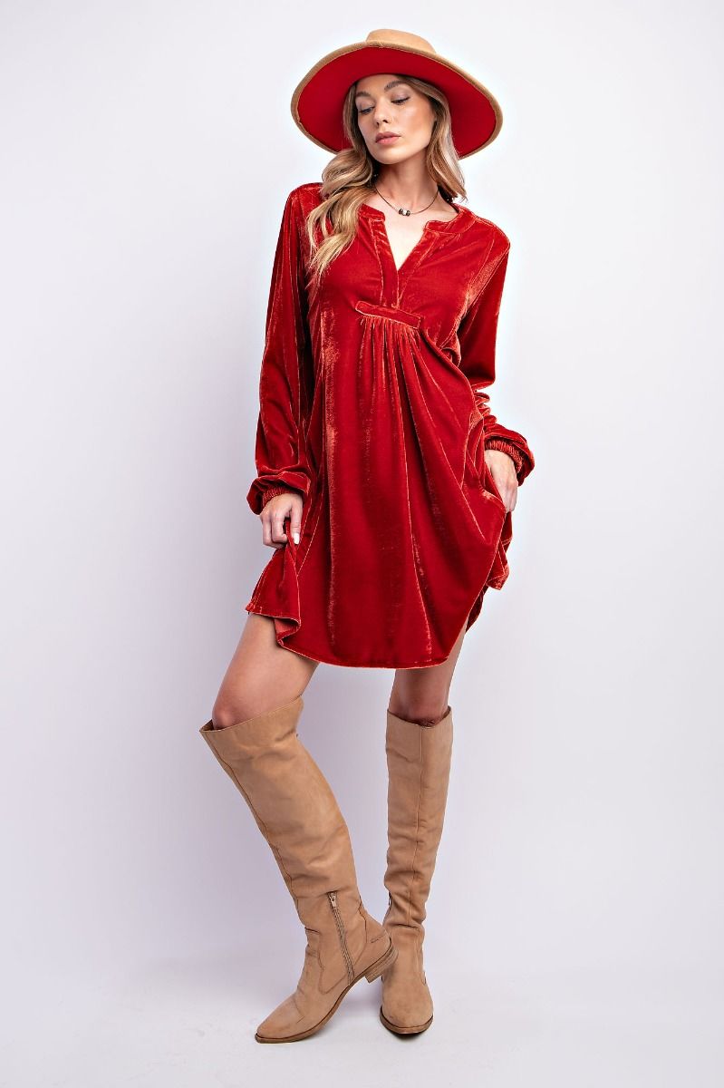 Soft Velvet Tunic Dress With Pockets -Bronze