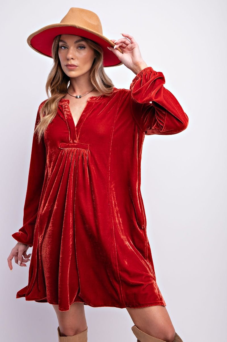 Soft Velvet Tunic Dress With Pockets -Bronze