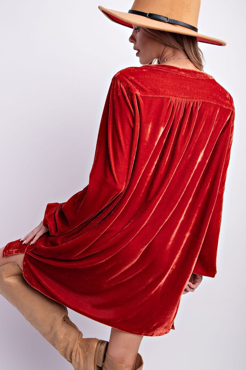 Soft Velvet Tunic Dress With Pockets -Bronze