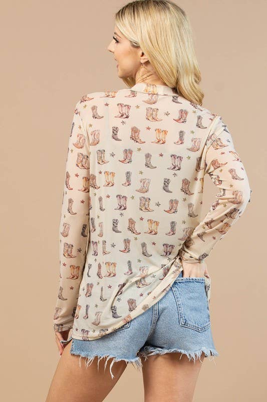WESTERN BOOTS PRINT SEMI SHEER MESH SHIRT