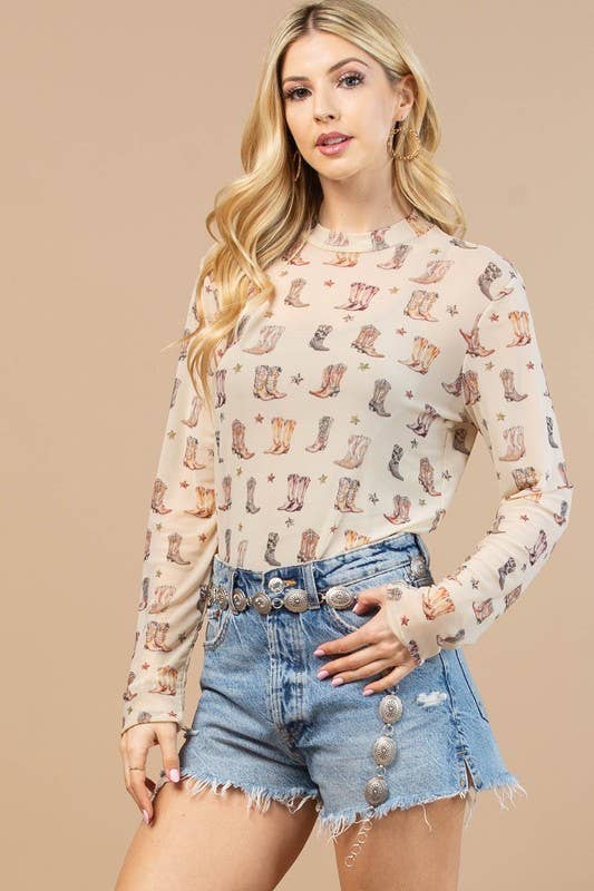 WESTERN BOOTS PRINT SEMI SHEER MESH SHIRT