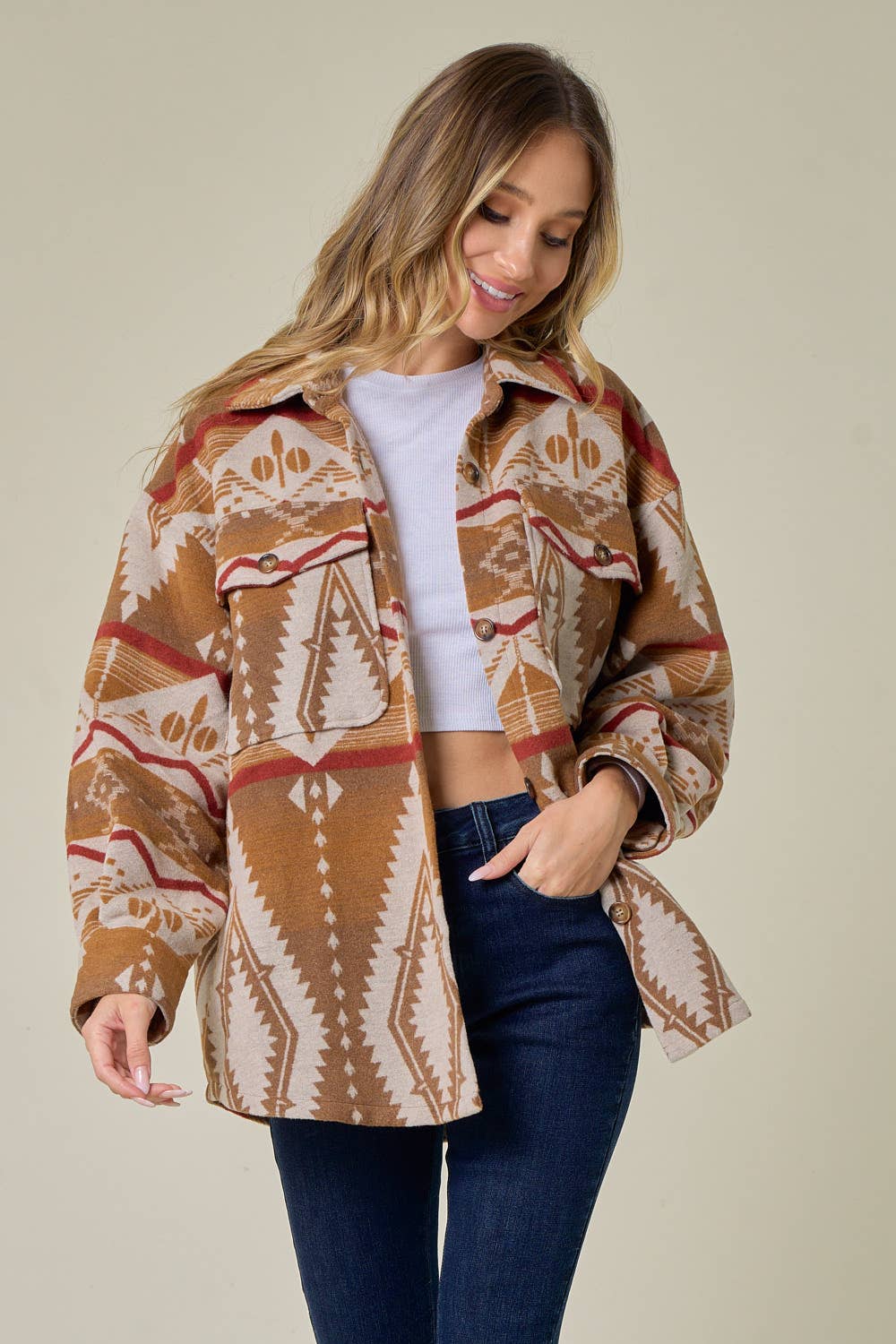 OAT/TAN THICK/HEAVY BUTTON DOWN AZTEC PRINT SHACKET/JACKET