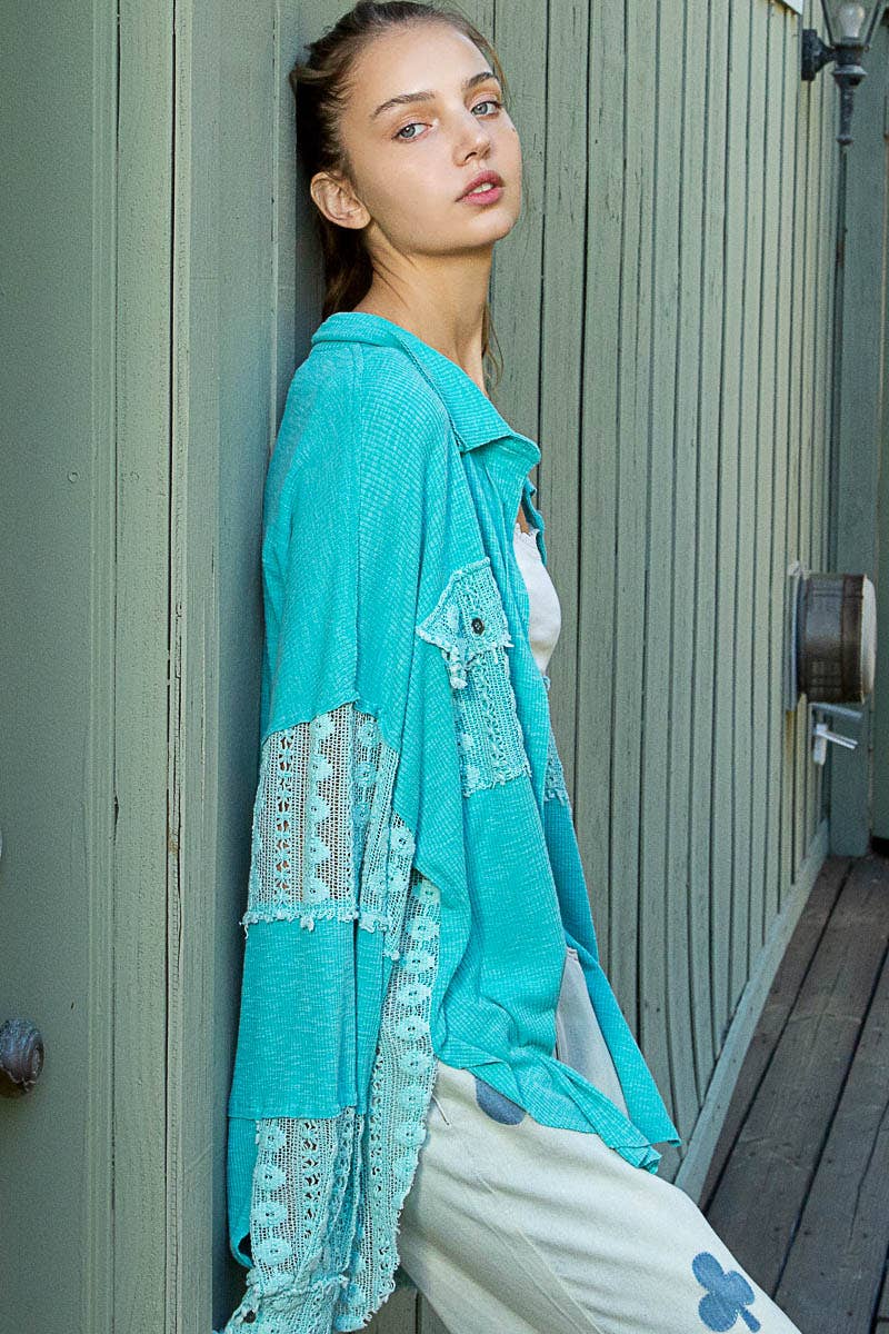 Contrast lace crochet sleeve button down slub shirt