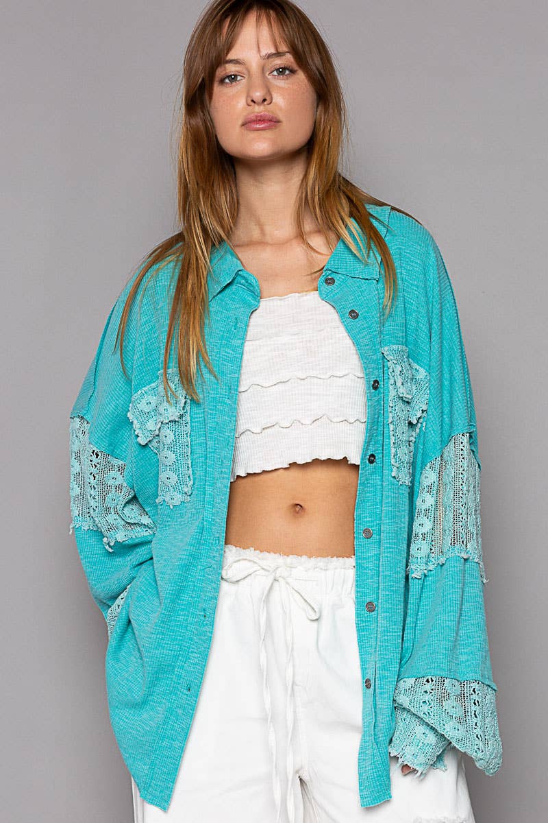 Contrast lace crochet sleeve button down slub shirt