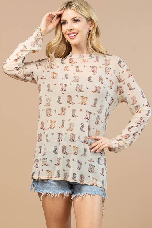 WESTERN BOOTS PRINT SEMI SHEER MESH SHIRT