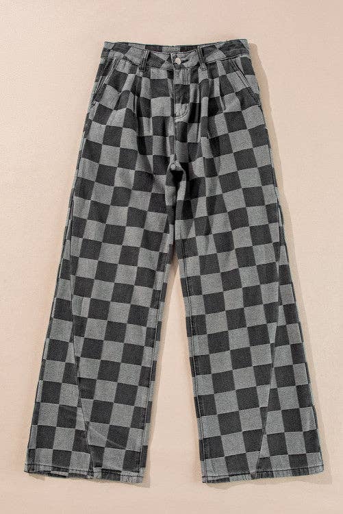 Checkered Denim Wide Leg Jeans