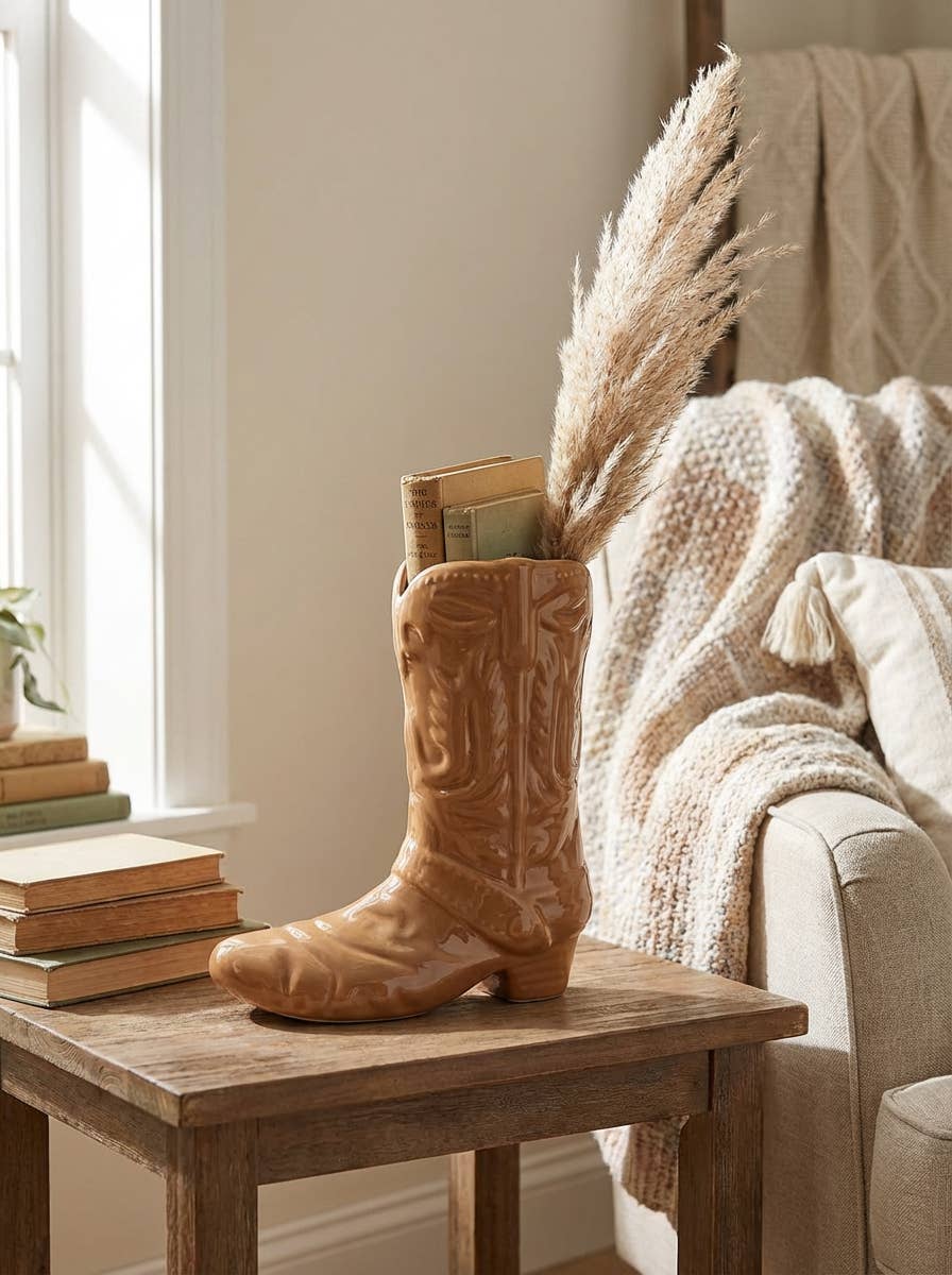 8.5 H Brown Ceramic Cow Girl Boot Vase Brown