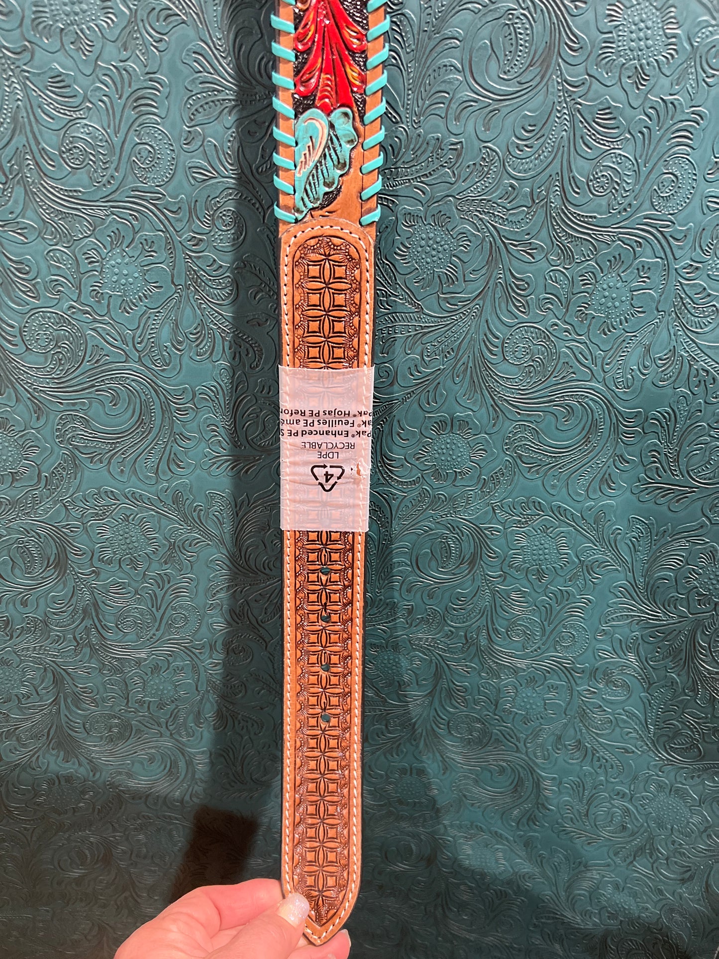 Hand Tooled Leather Belt With Silver/Turquoise Buckle