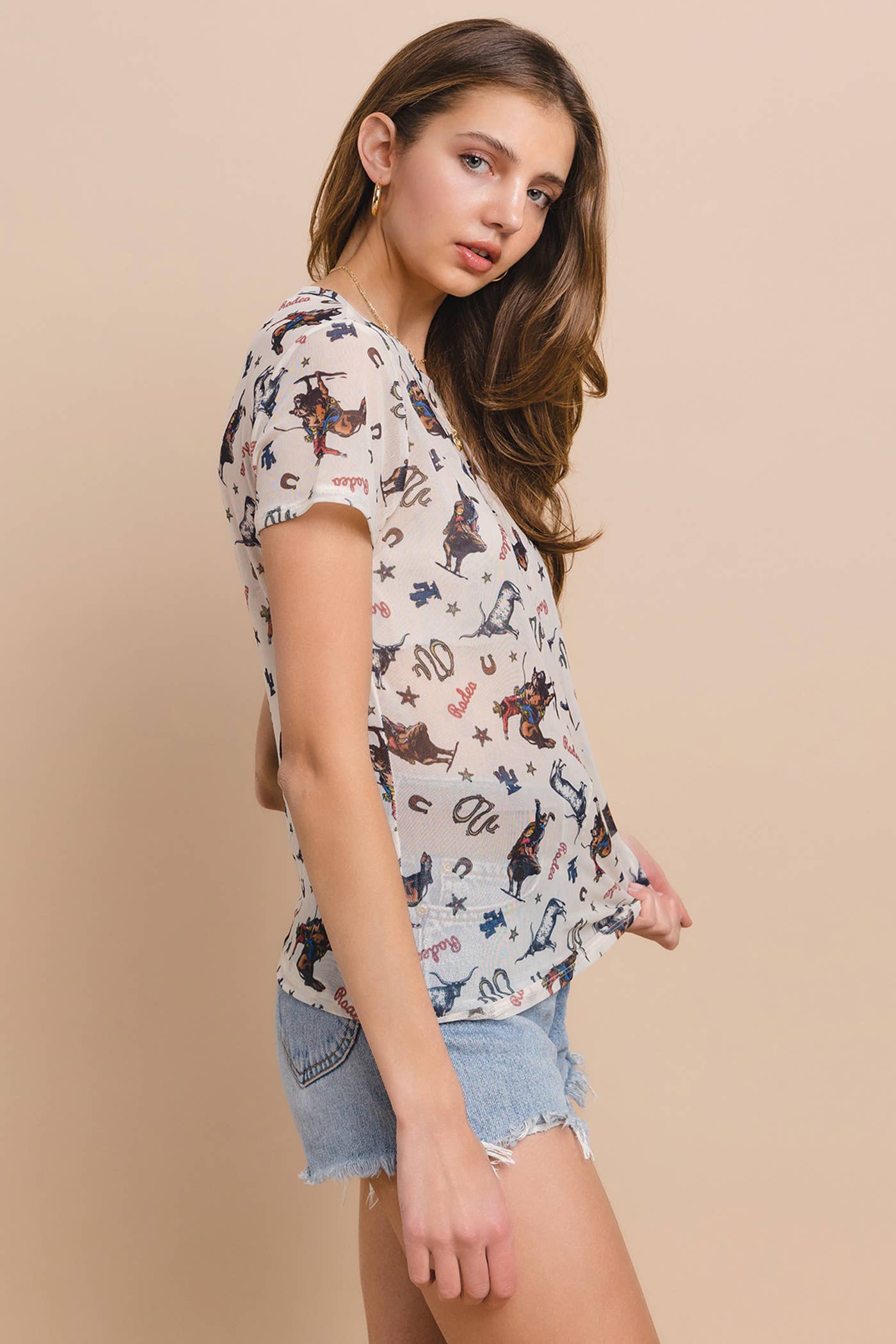 Rodeo Western Mesh Print Casual Tee Shirt