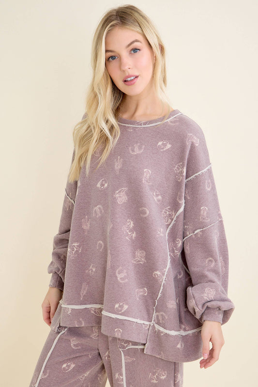 Washed allover Western graphic print Sweatshirt HT6890