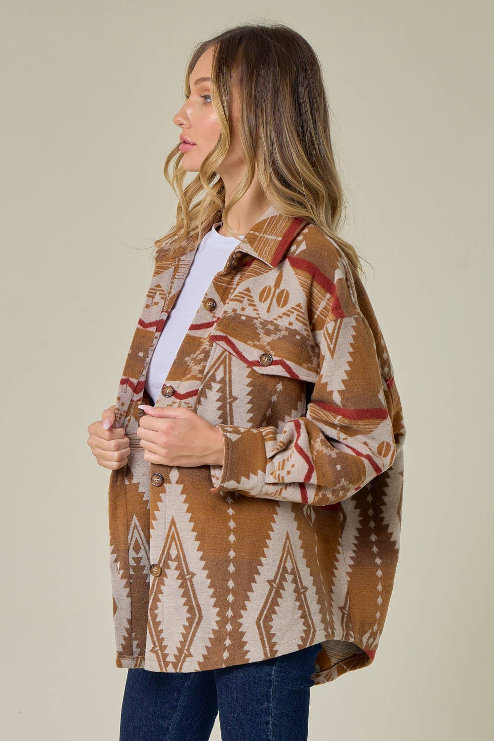 OAT/TAN THICK/HEAVY BUTTON DOWN AZTEC PRINT SHACKET/JACKET