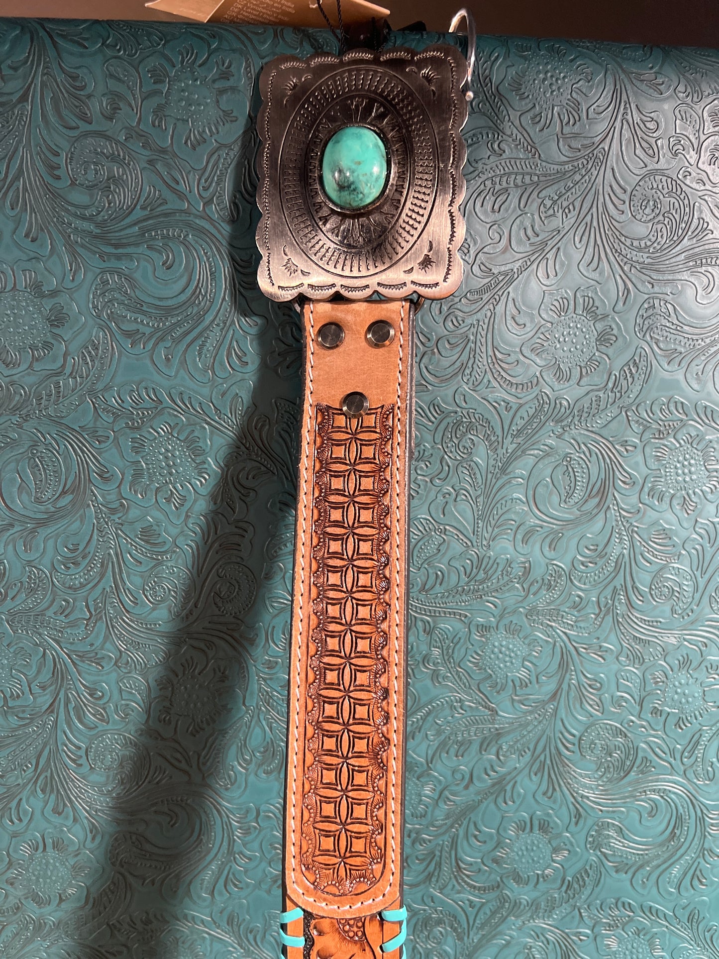 Hand Tooled Leather Belt With Silver/Turquoise Buckle