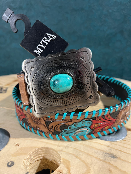 Hand Tooled Leather Belt With Silver/Turquoise Buckle