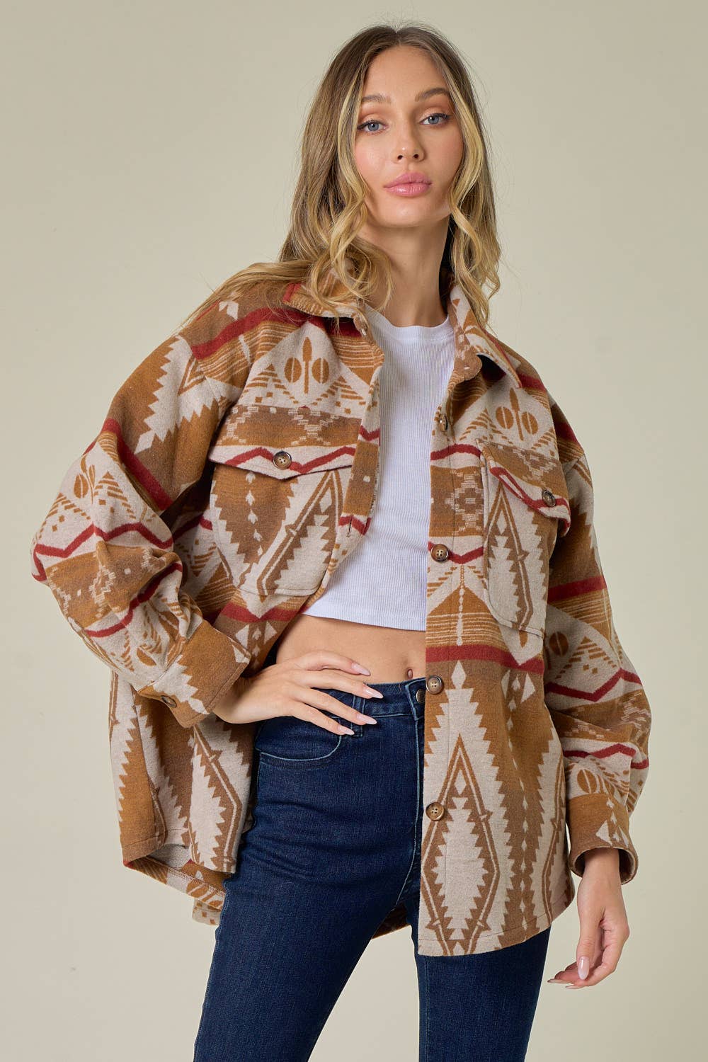 OAT/TAN THICK/HEAVY BUTTON DOWN AZTEC PRINT SHACKET/JACKET