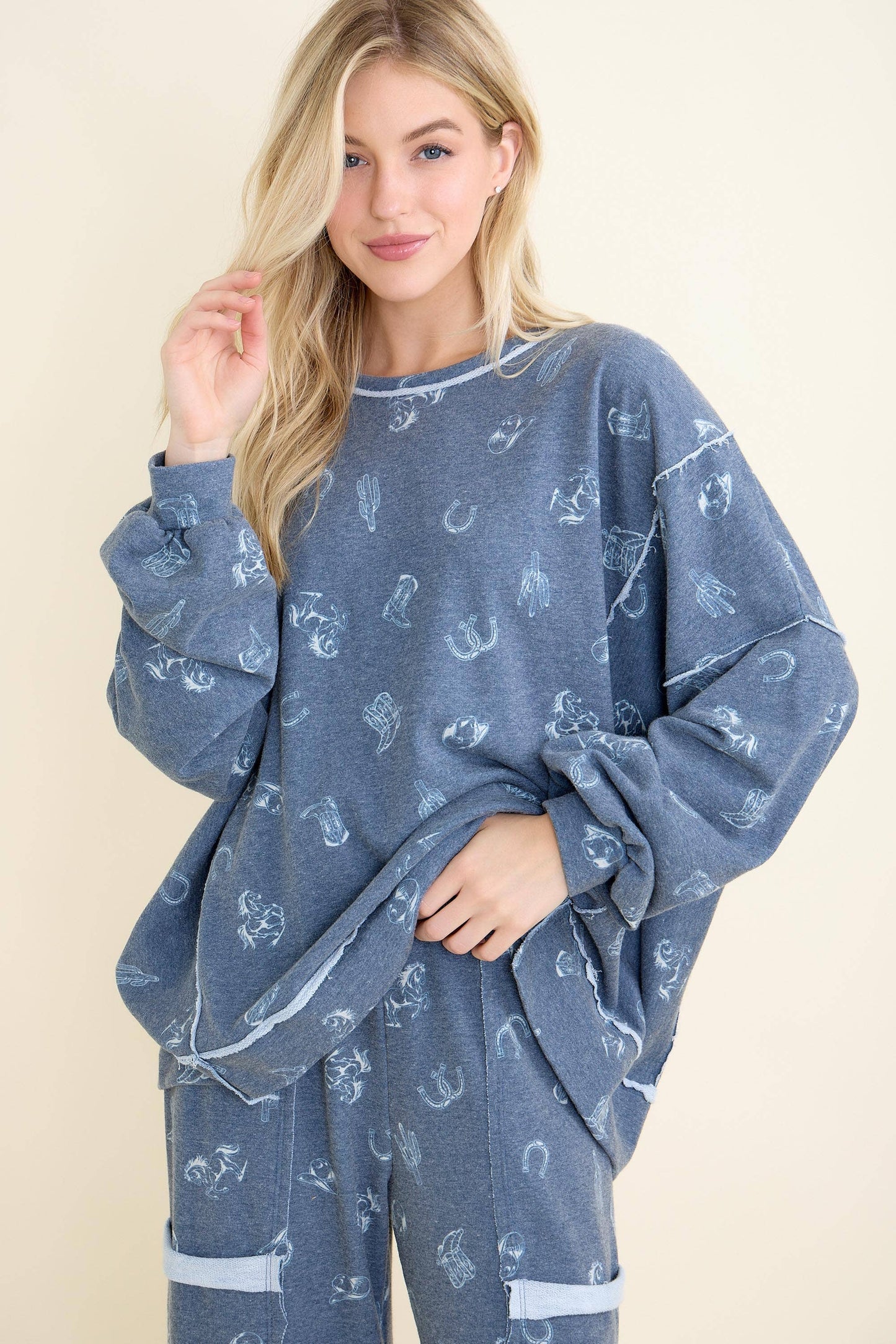 Washed allover Western graphic print Sweatshirt HT6890