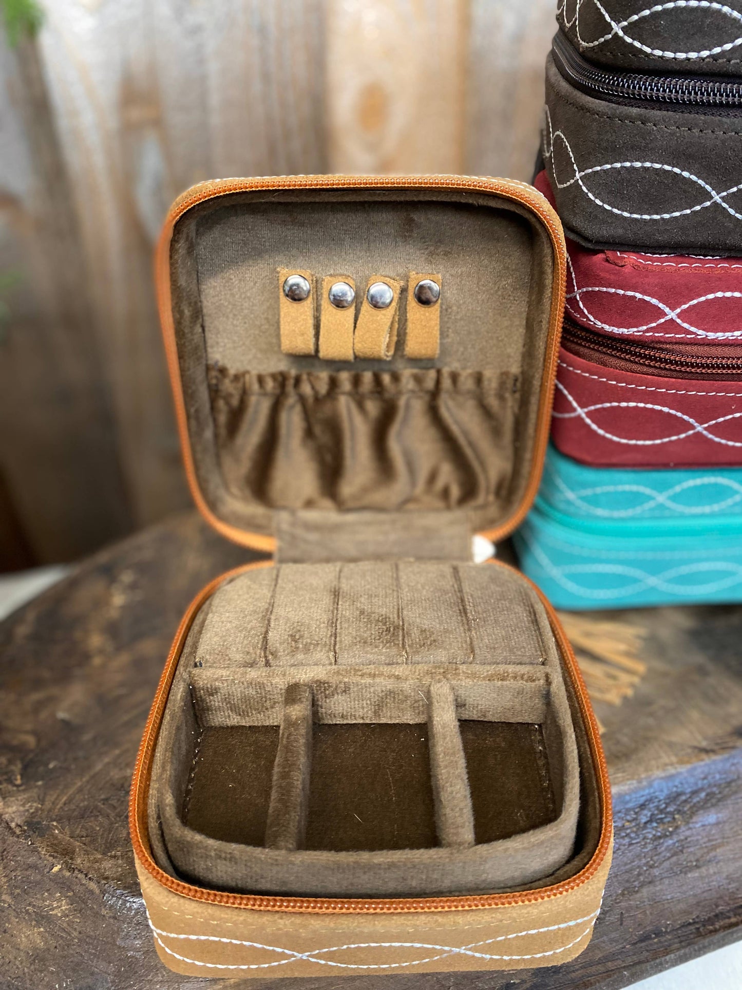 Tan BootStitch Square Tooled Suede Leather Jewelry Box  