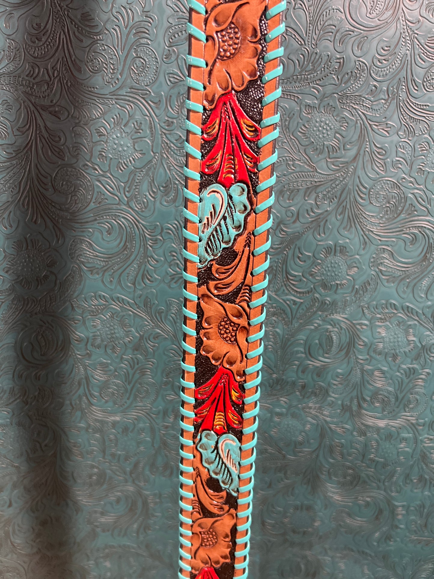 Hand Tooled Leather Belt With Silver/Turquoise Buckle