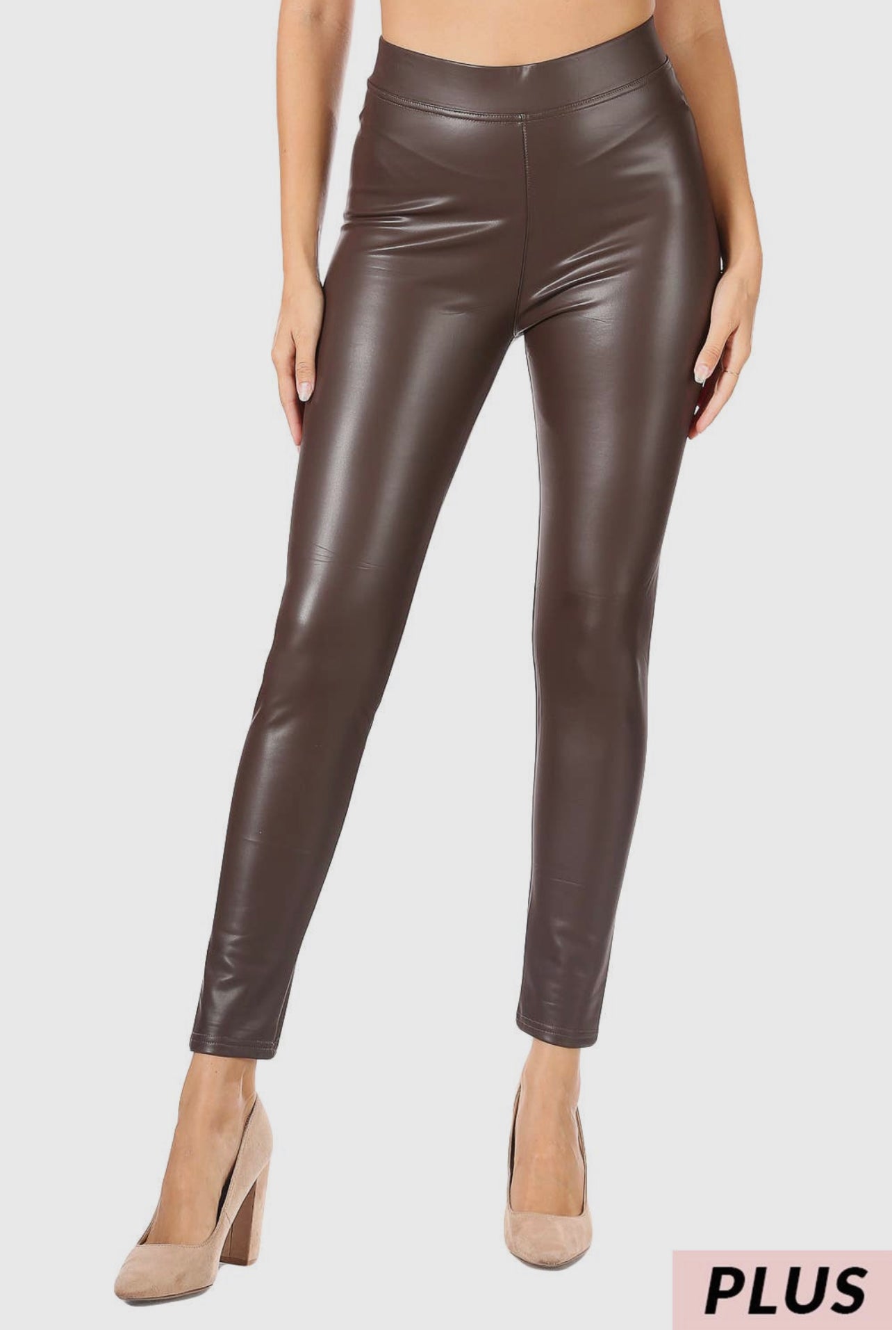 PLUS SIZE FLEECE LINED FAUX LEATHER LEGGING-Chocolate Brown