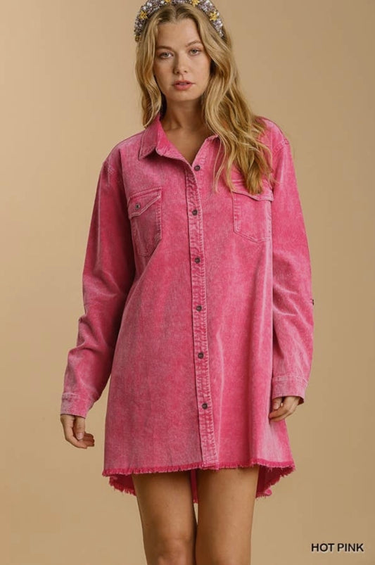 Hot Pink Stone Wash Button Down Dress