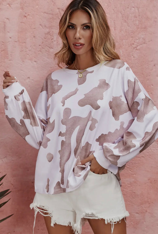 Cow Print Drop Shoulder Puff Sleeve Sweatshirt