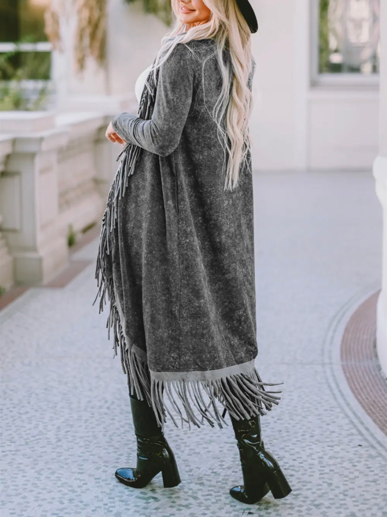 Black Fringe Open Cardigan With Pockets