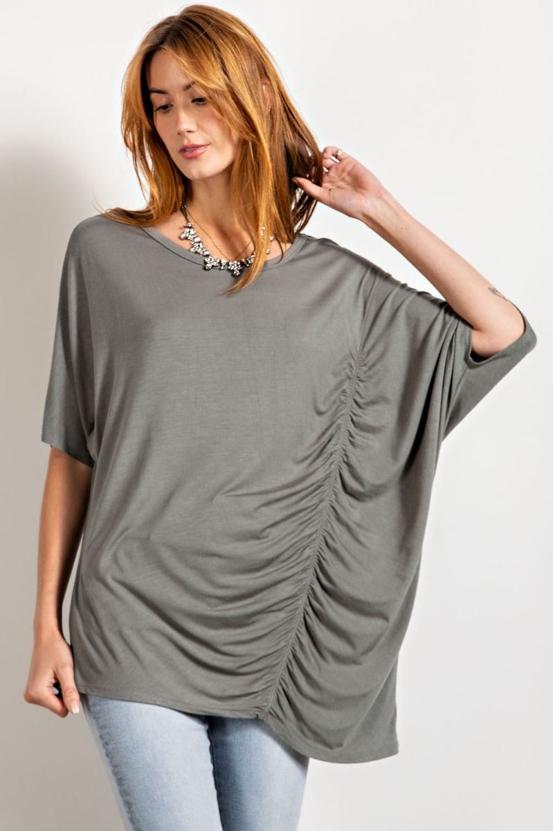 LOOSE FIT RUCHED 3/4 SLEEVE -DUSTY OLIVE