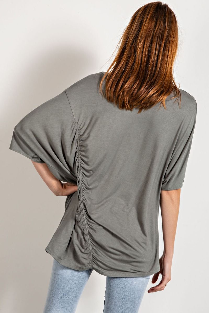 LOOSE FIT RUCHED 3/4 SLEEVE -DUSTY OLIVE