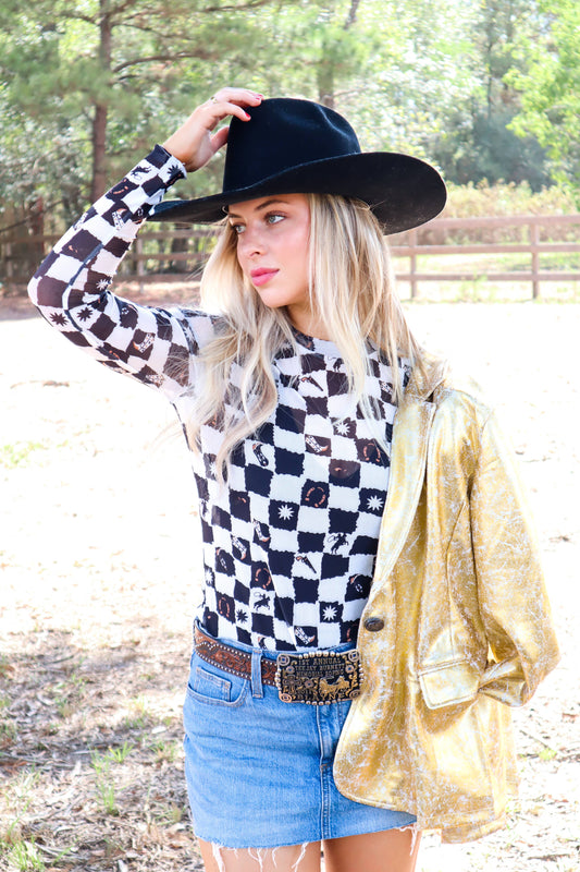 Queen Me Long Sleeve Mesh Black Checkers