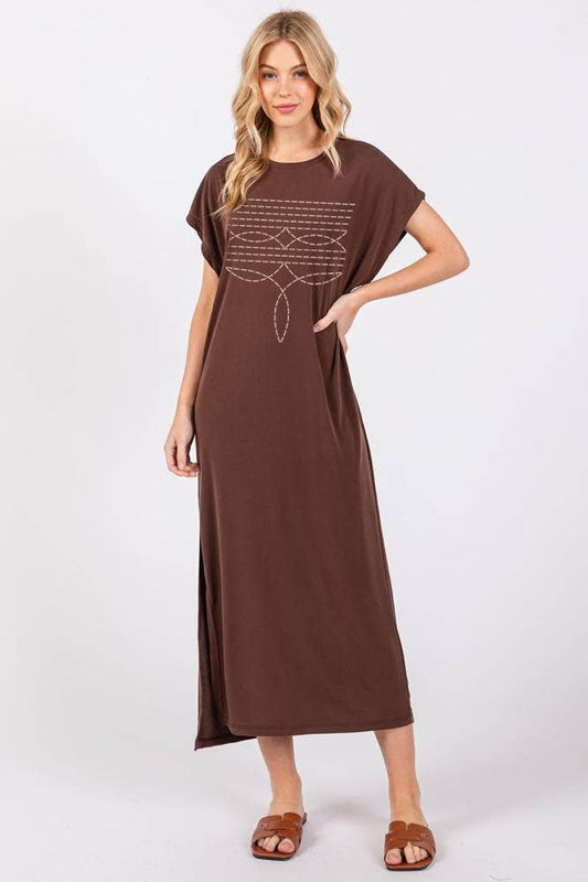 Cowboy Boots Toe Stitch Graphic S/S Cupro Maxi Dress