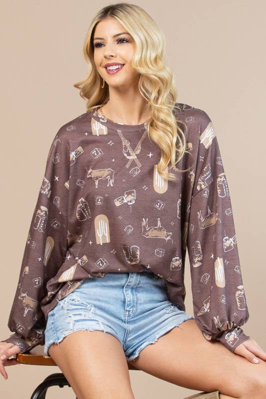 CAROL WESTERN PRINT LONG SLEEVE SWEATSHIRT